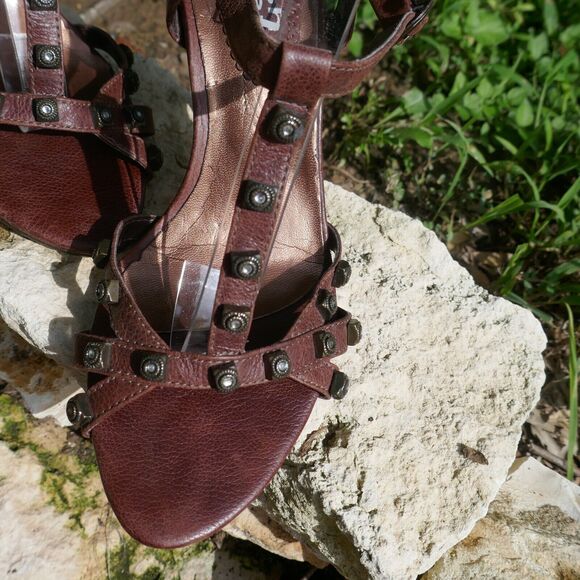 Sergio Zelcer Shoes Spanish Leather High Heeled Strappy Studded Brown Sandals 8 - Picture 2 of 11